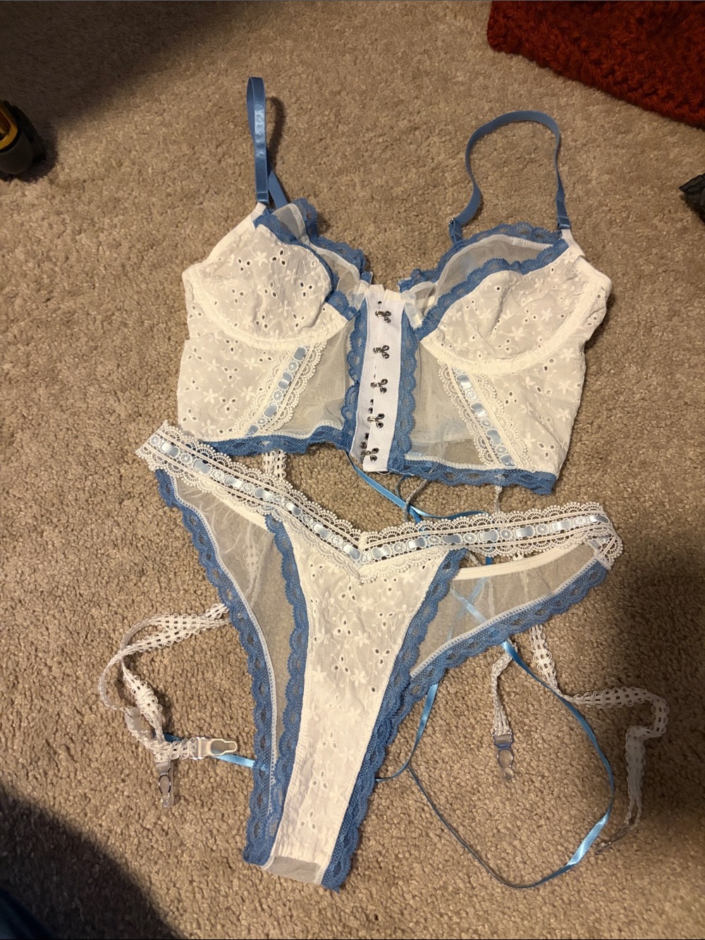 LA Girl Fresh Appeal White and Light Blue Lace Bustier Set - Women's Intimates